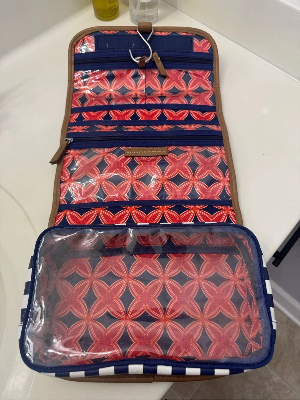 Stella & Dot Navy and White Striped Hanging Cosmetic Case with Brown Trim